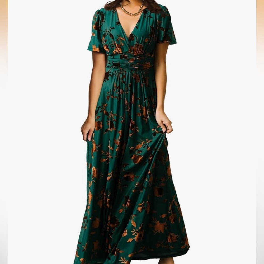 Simplee Velvet Floral Maxi Dress Small Green V Neck Boho Wedding Guest
